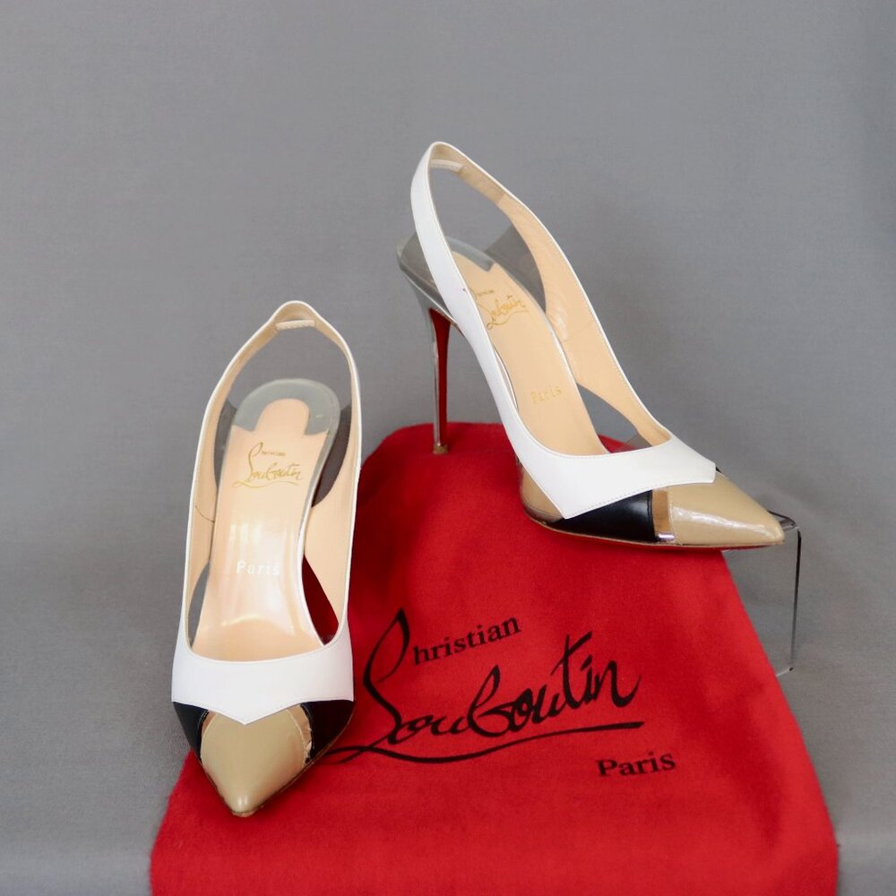 Christian Louboutin 38 PVC Air Chance White Black Tan Stiletto Sling Heels
